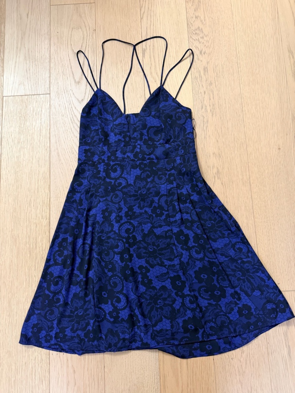Express Dark Blue Mini with Black Floral Lace Design Dress & Back Cutout